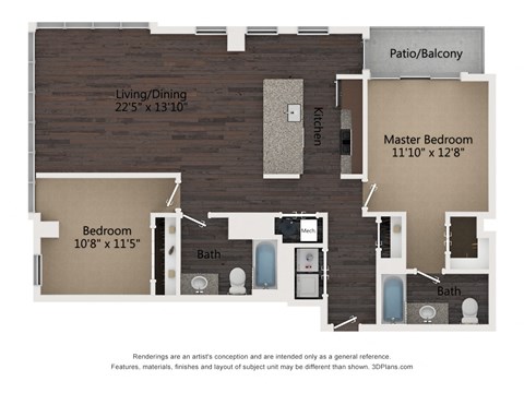 Floor plan for 2 beds, 2 baths, 1200 sqft